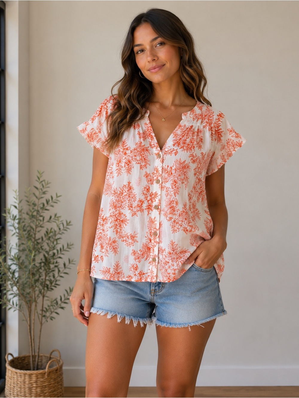 Cozy Co by Cozy Casual Tropical Floral Button Front Blouse Size Large Rayon